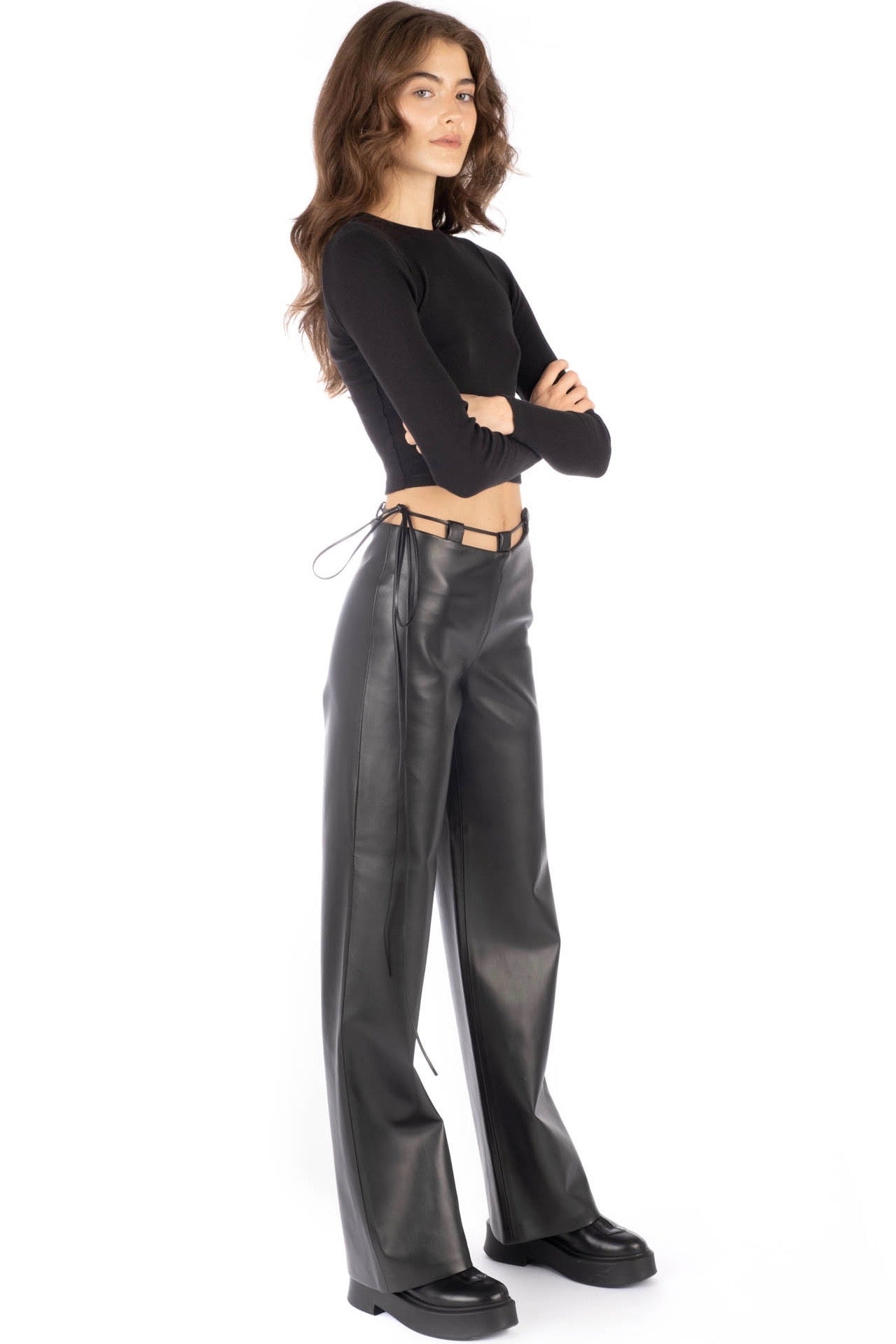 Women's Lace Up Faux Leather Slim Fit Split Hem Trousers | Boohoo UK